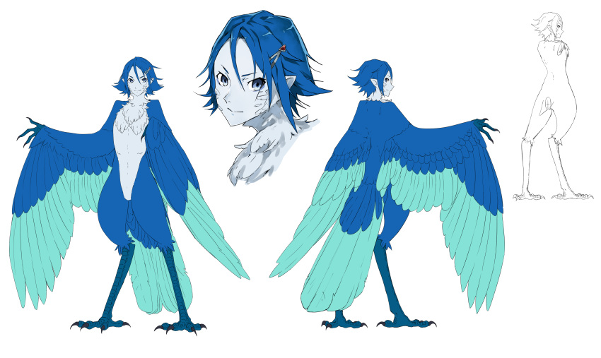 absurd_res animal_humanoid avian avian_humanoid blue_eyes blue_feathers blue_hair chest_tuft claws digitigrade feathered_wings feathers fingers hair hairclip harpy hayate_immelman hi_res humanoid looking_at_viewer macross madiblitz nude pointy_ears short_hair simple_background solo standing tail_feathers talons tuft white_background winged_arms wings