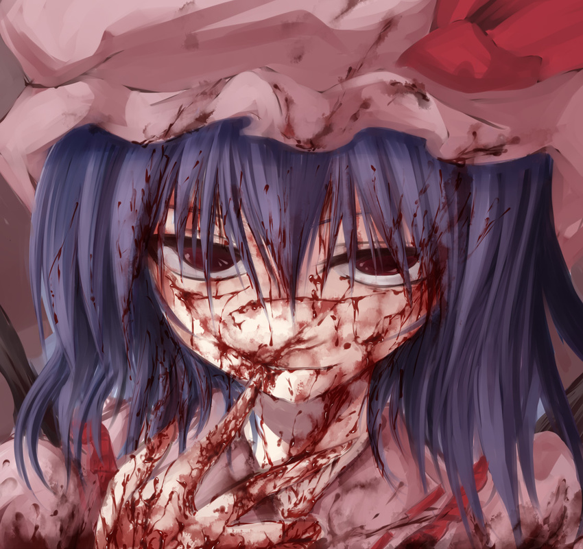 bleeding blood blood_on_face blood_on_fingers bloody_clothes bloody_hair cuts finger_to_mouth guro hat horror_(theme) injury jpeg_artifacts purple_hair red_eyes remilia_scarlet shimo_(depthbomb) smile solo touhou vampire
