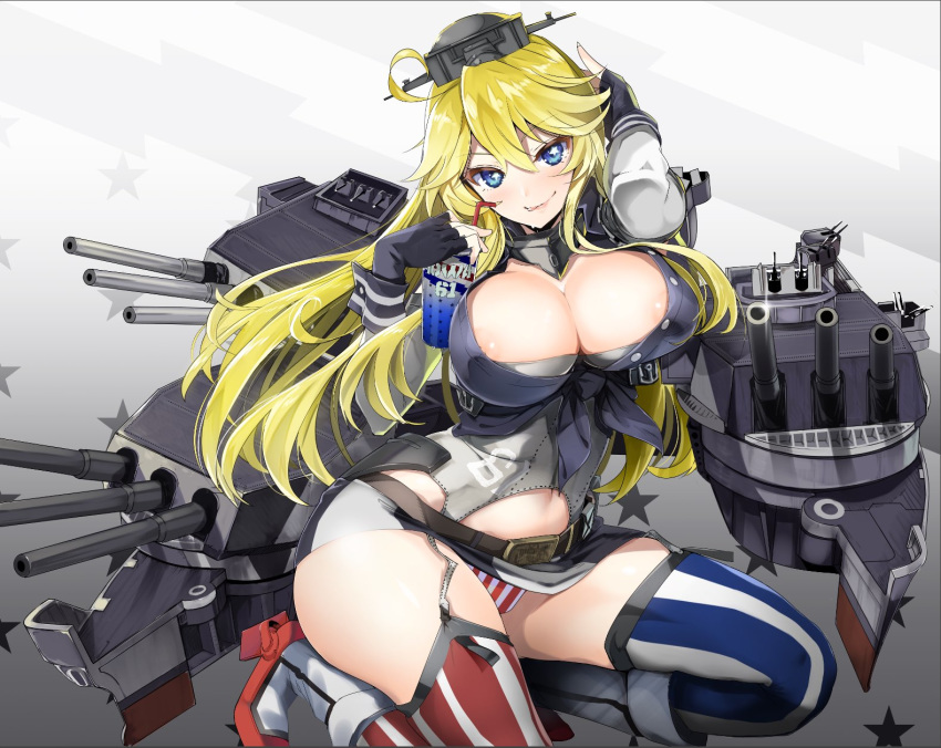 1girl areola_slip areolae black_gloves blonde_hair blue_eyes breasts cleavage cover cover_page doujin_cover drinking_straw fingerless_gloves garter_belt gloves headgear highres iowa_(kantai_collection) kantai_collection large_breasts long_hair navel nylon panties smile solo star star-shaped_pupils striped striped_legwear symbol-shaped_pupils underwear vertical-striped_legwear vertical-striped_panties vertical_stripes