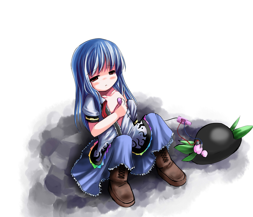 absurdres bad_id bad_pixiv_id bangs black_hat blue_hair blue_skirt blush boots brown_eyes brown_footwear collarbone cross-laced_footwear egg_vibrator food fruit fruit_battery full_body half-closed_eyes hat hat_removed headwear_removed highres hinanawi_tenshi knees_up konoshiro_kajika lace-up_boots long_hair masturbation off_shoulder open_clothes open_shirt parted_lips peach shirt short_sleeves sitting skirt solo sun_hat touhou vibrator vibrator_on_nipple