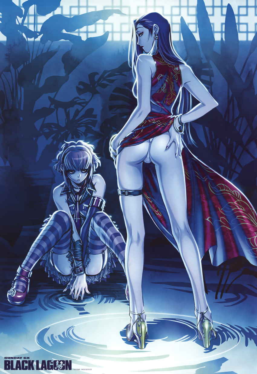 absurdres ass back bare_shoulders black_lagoon bracelet china_dress chinese_clothes contrapposto dress earrings elbow_gloves garter_straps gloves hand_on_hip high_heels highres hiroe_rei jewelry legs long_hair long_legs looking_back multiple_girls official_art panties ripples sawyer_the_cleaner shenhua shoes sitting skirt standing striped striped_legwear thigh_strap thighhighs thong underwear water