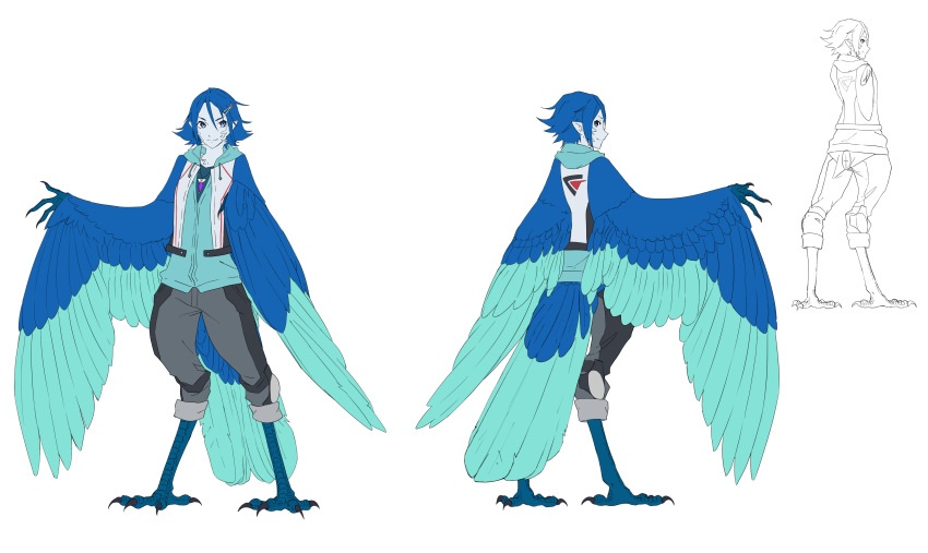 absurd_res animal_humanoid avian avian_humanoid blue_eyes blue_feathers blue_hair claws clothing digitigrade feathered_wings feathers fingers hair hairclip harpy hayate_immelman hi_res hoodie humanoid jacket looking_at_viewer macross madiblitz pants pointy_ears short_hair simple_background solo standing tail_feathers talons white_background winged_arms wings