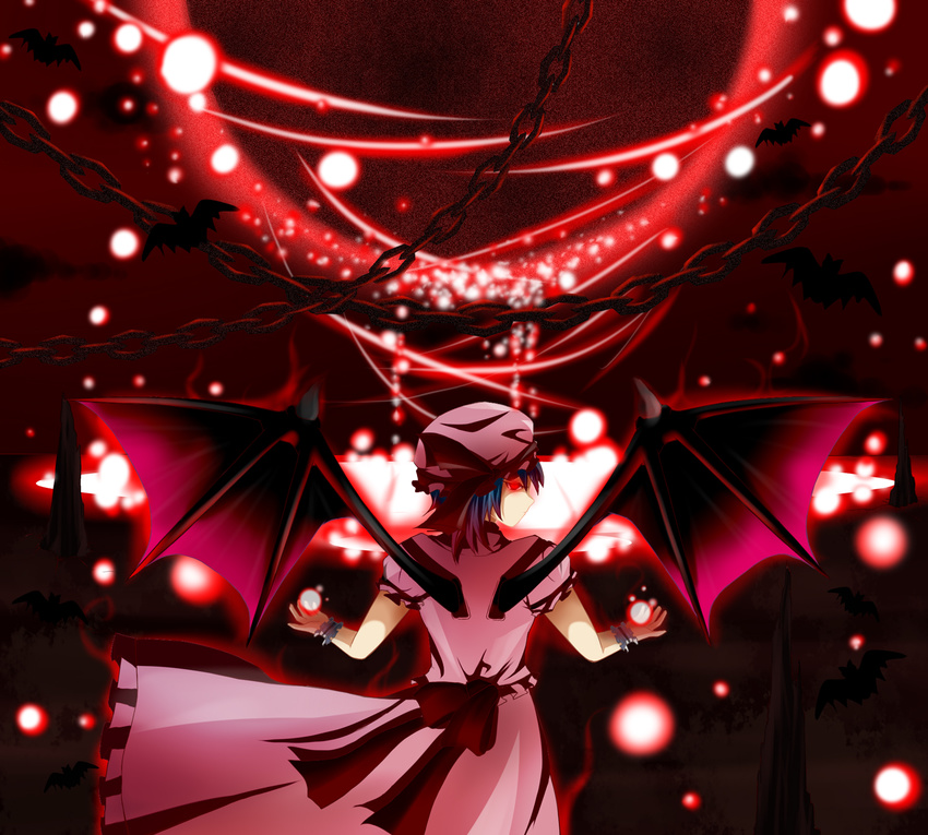 bat bat_wings blue_hair bow chain danmaku dress glowing glowing_eyes hat highres looking_back rannosuke red_eyes remilia_scarlet ribbon solo touhou wings wrist_cuffs