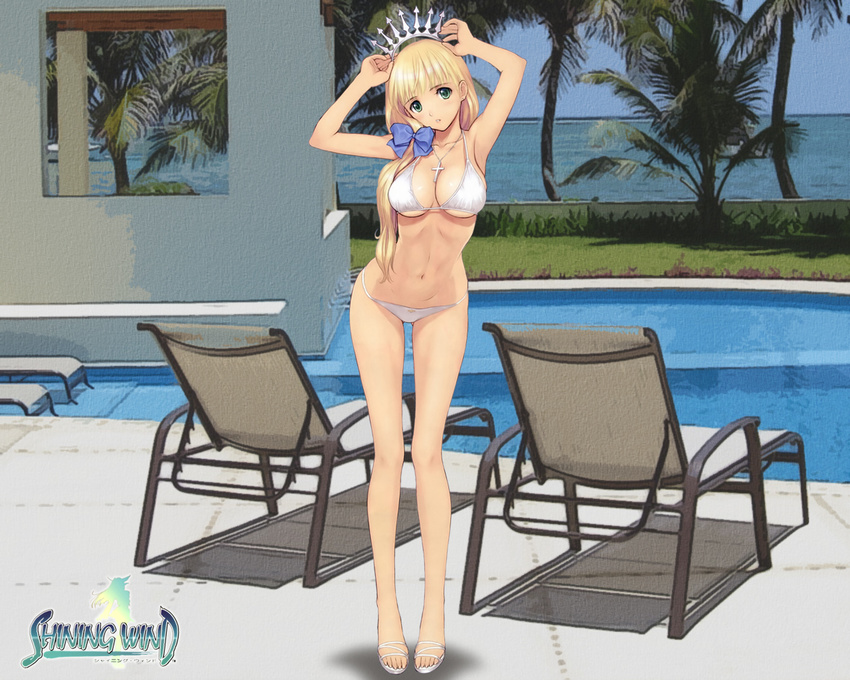 1girl bikini blonde_hair breasts clalaclan_philias cleavage cross female full_body long_hair nature outdoors pool sandals sega shining_(series) shining_wind sky solo swimsuit taka_tony tanaka_takayuki toes wallpaper