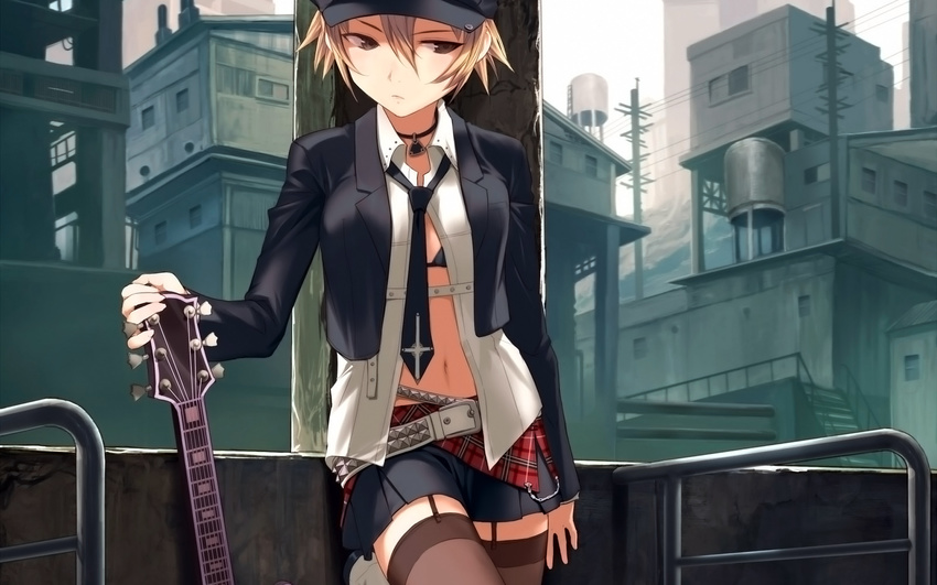 bra guitar open_shirt thigh-highs uni upscaled wallpaper