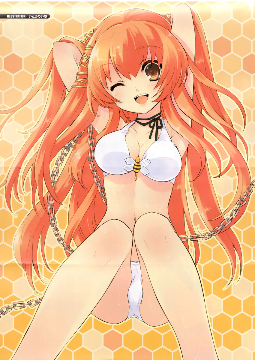 ;d absurdres armpits arms_behind_head bee-be-beat_it! bikini breasts chain cleavage hachie highres honeycomb_(pattern) honeycomb_background itou_noiji large_breasts long_hair navel one_eye_closed open_mouth orange_background orange_eyes orange_hair smile solo swimsuit translated white_bikini