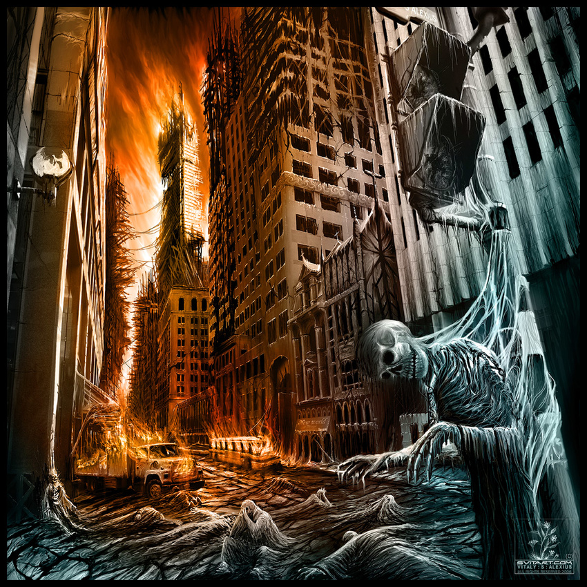 apocalypse cityscape copyright_request fire no_humans scenery skeleton
