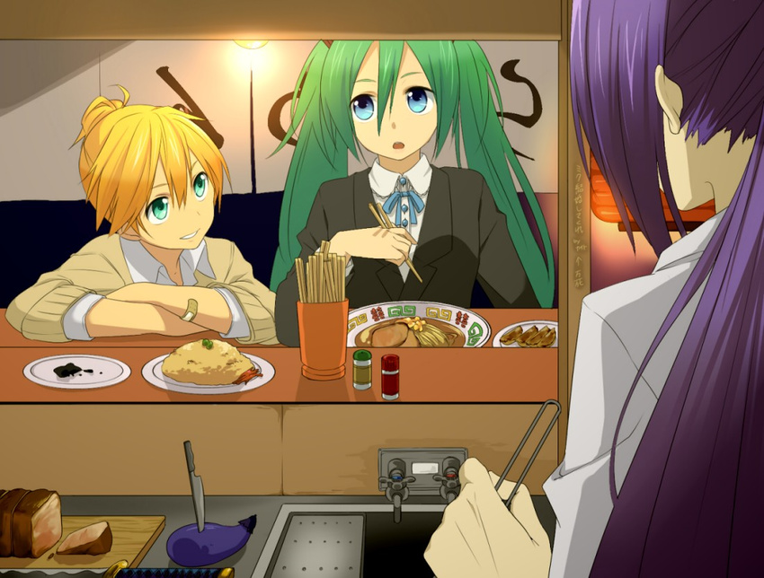 2boys aqua_eyes aqua_hair bad_id bad_pixiv_id bandaid blonde_hair blue_eyes chopsticks food formal hatsune_miku kagamine_len kamui_gakupo long_hair multiple_boys noodles purple_hair restaurant sama smile suit translated twintails vocaloid