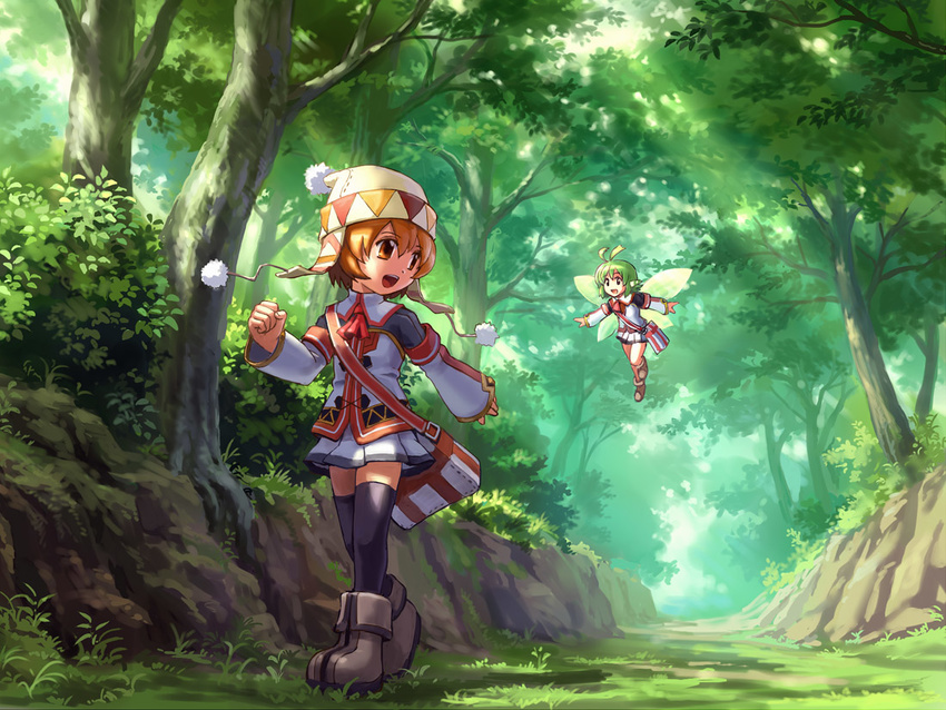 bag beanie black_eyes black_legwear fairy fairy_(totomono) forest green_hair happy hat ken_to_mahou_to_gakuen_mono ken_to_mahou_to_gakuen_mono_2 khulaz minigirl multiple_girls nakagawa_(nkgw) nature open_mouth orange_eyes orange_hair short_hair thighhighs tree wings