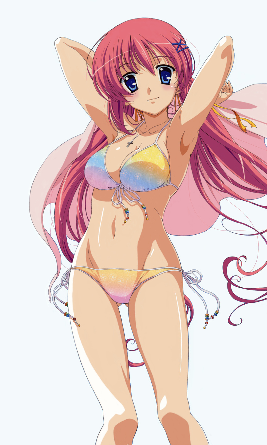 absurdres armpits arms_behind_head arms_up artist_request bikini blue_eyes breasts cleavage cross da_capo da_capo_ii front-tie_top groin hair_ornament hair_ribbon hairclip highres jewelry legs long_hair medium_breasts multicolored multicolored_bikini multicolored_clothes navel necklace pink_hair red_hair ribbon shirakawa_nanaka side-tie_bikini solo strap_gap swimsuit towel twintails very_long_hair