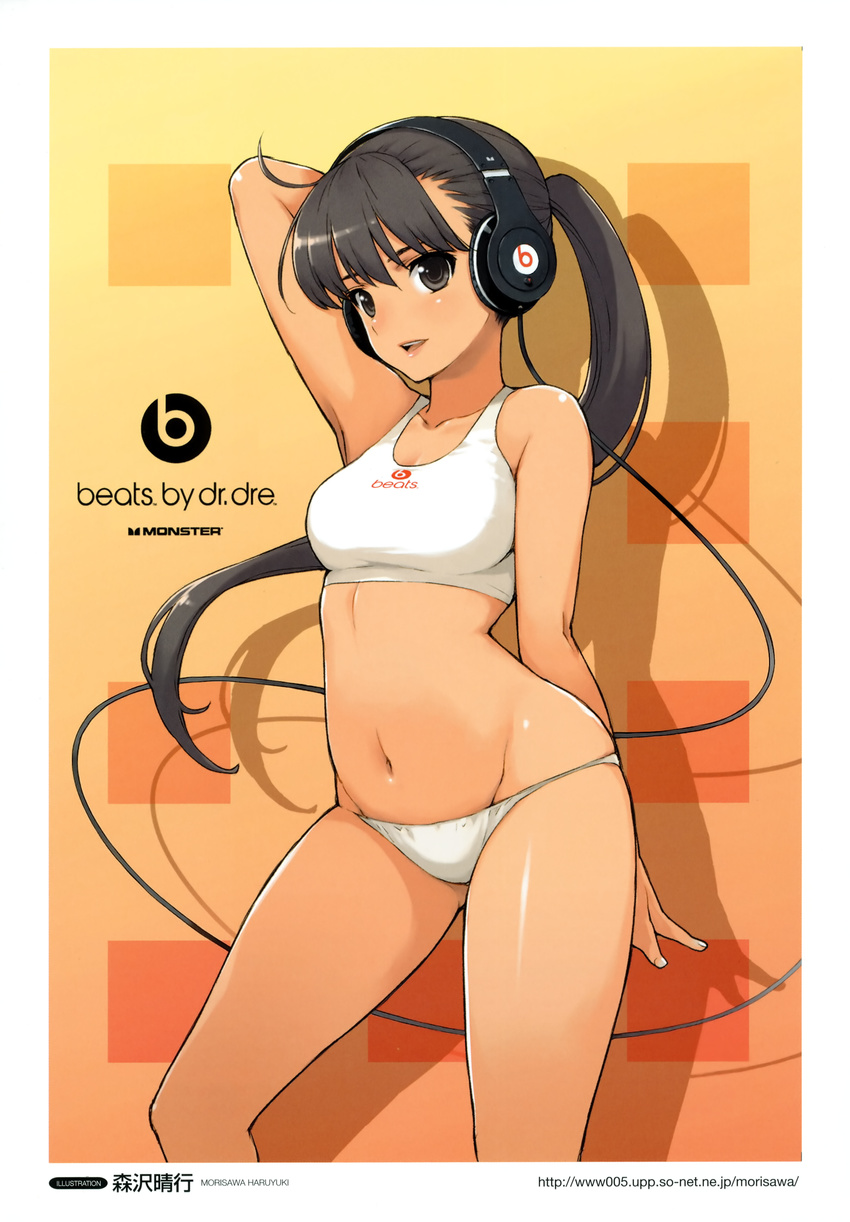 absurdres bangs beats_by_dr._dre breasts brown_hair groin headphones highres long_hair lowleg lowleg_panties medium_breasts midriff morisawa_haruyuki open_mouth original panties ponytail smile solo sports_bra underwear underwear_only