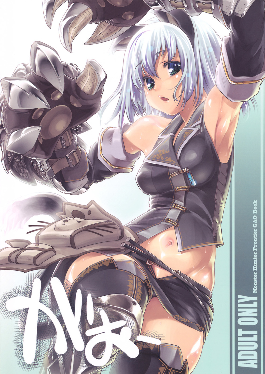animal_ears armor armpits bag bare_shoulders blue_eyes cat_ears claws detached_sleeves highres midriff monster_hunter navel solo sweat tail thighhighs thomasz white_hair