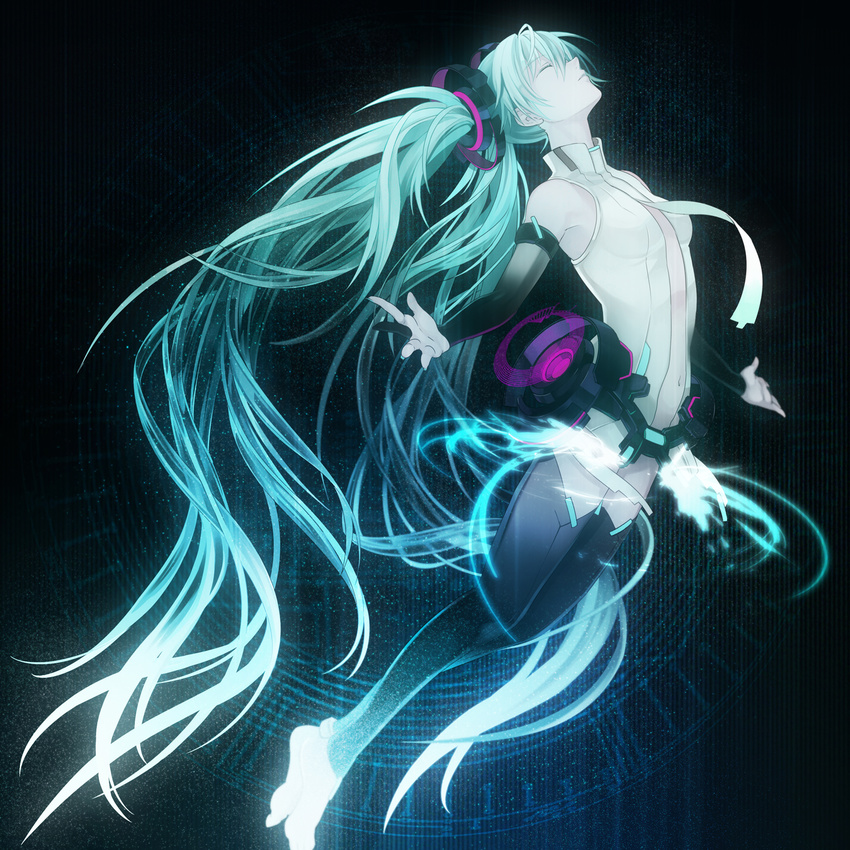 aqua_hair barefoot closed_eyes hatsune_miku hatsune_miku_(append) highres long_hair navel necktie osamu_(jagabata) solo twintails very_long_hair vocaloid vocaloid_append