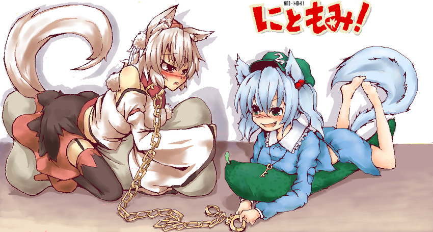 animal_ears barefoot bdsm blue_eyes blue_hair blush chagu chain character_name collar cucumber cuffs detached_sleeves fang feet geta hair_bobbles hair_ornament handcuffs hat inubashiri_momiji kawashiro_nitori kemonomimi_mode key leash multiple_girls oekaki pillow red_eyes short_hair smile straddling tail tengu-geta tokin_hat touhou twintails white_hair wolf_ears wolf_tail