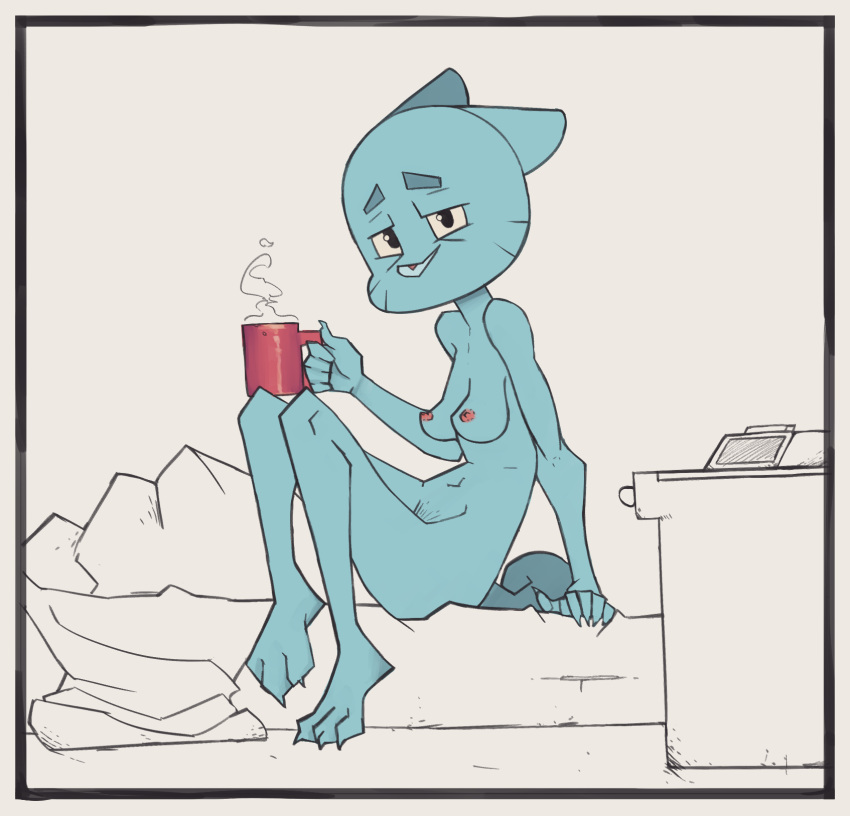 2019 3_toes 5_fingers anthro bed blue_fur breasts cartoon_network coffee_mug digital_media_(artwork) domestic_cat felid feline felis female fur holding_object katlek looking_at_viewer mammal mature_female navel nicole_watterson nipples pubes sitting smile solo the_amazing_world_of_gumball tired toes whiskers