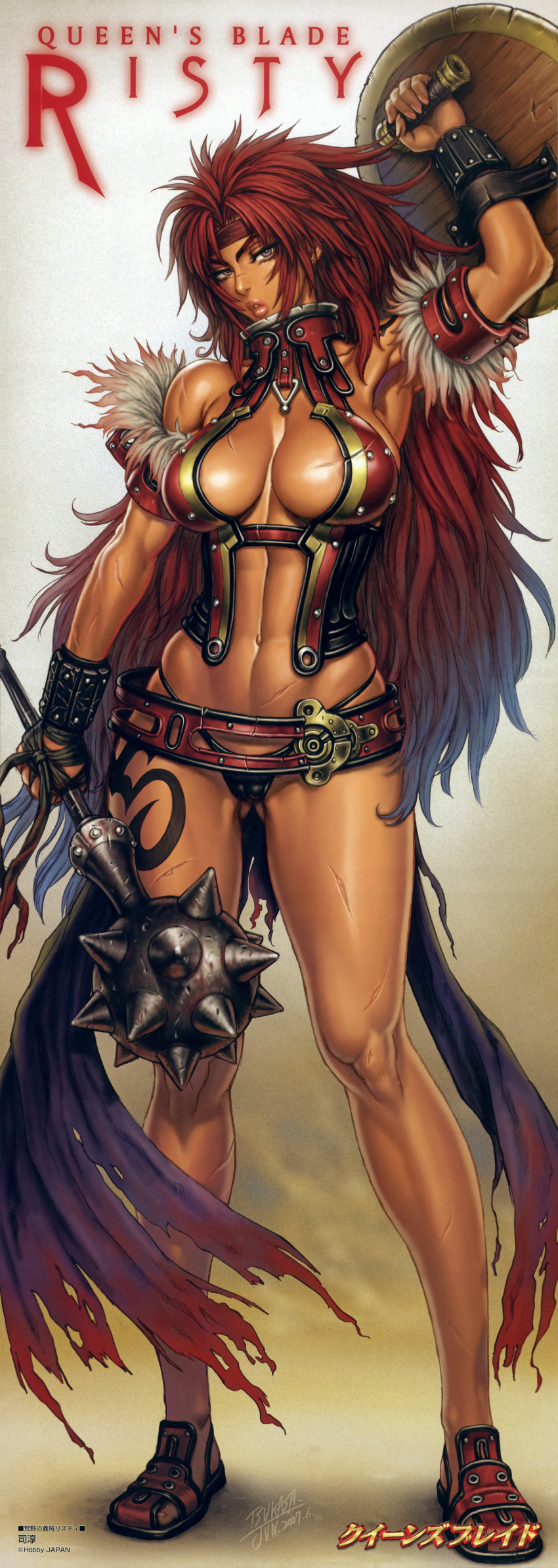 absurdres armpits bare_shoulders belt beltskirt breasts facial_scar headband highres large_breasts long_hair long_image mace muscle muscular_female nail_polish nose_scar queen's_blade red_hair revealing_clothes risty sandals scar shield solo standing stick_poster tall_image tsukasa_jun weapon