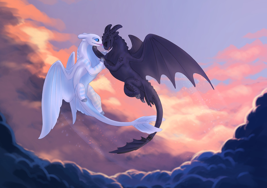 2019 acidapluvia claws day digital_media_(artwork) dragon duo feral flying horn how_to_train_your_dragon light_fury membranous_wings night_fury nubless outside sky smile tongue tongue_out toothless wings