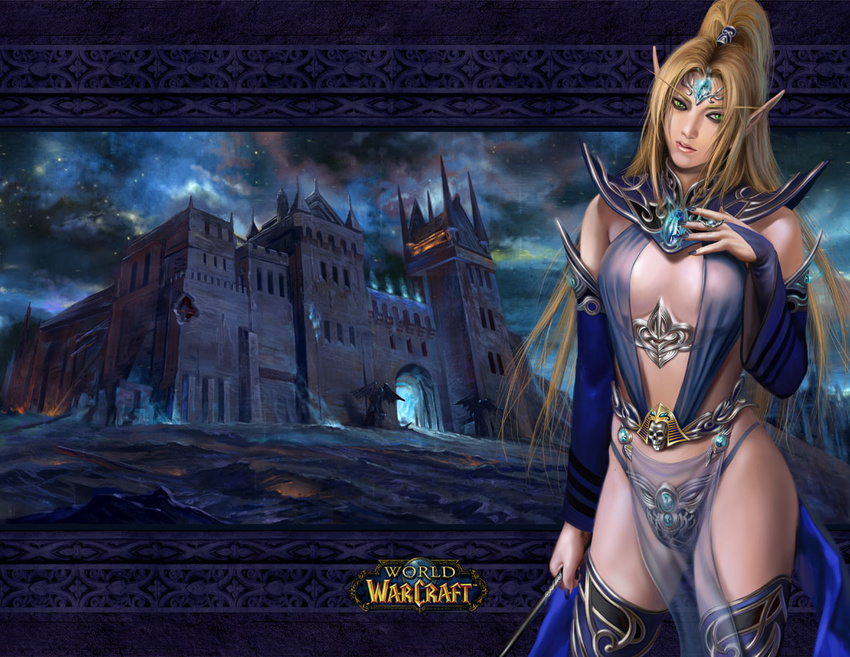 armor azazel1944 bikini_armor blonde_hair breasts breasts_apart elf gloves green_eyes instructor_malicia pointy_ears ponytail solo warcraft world_of_warcraft