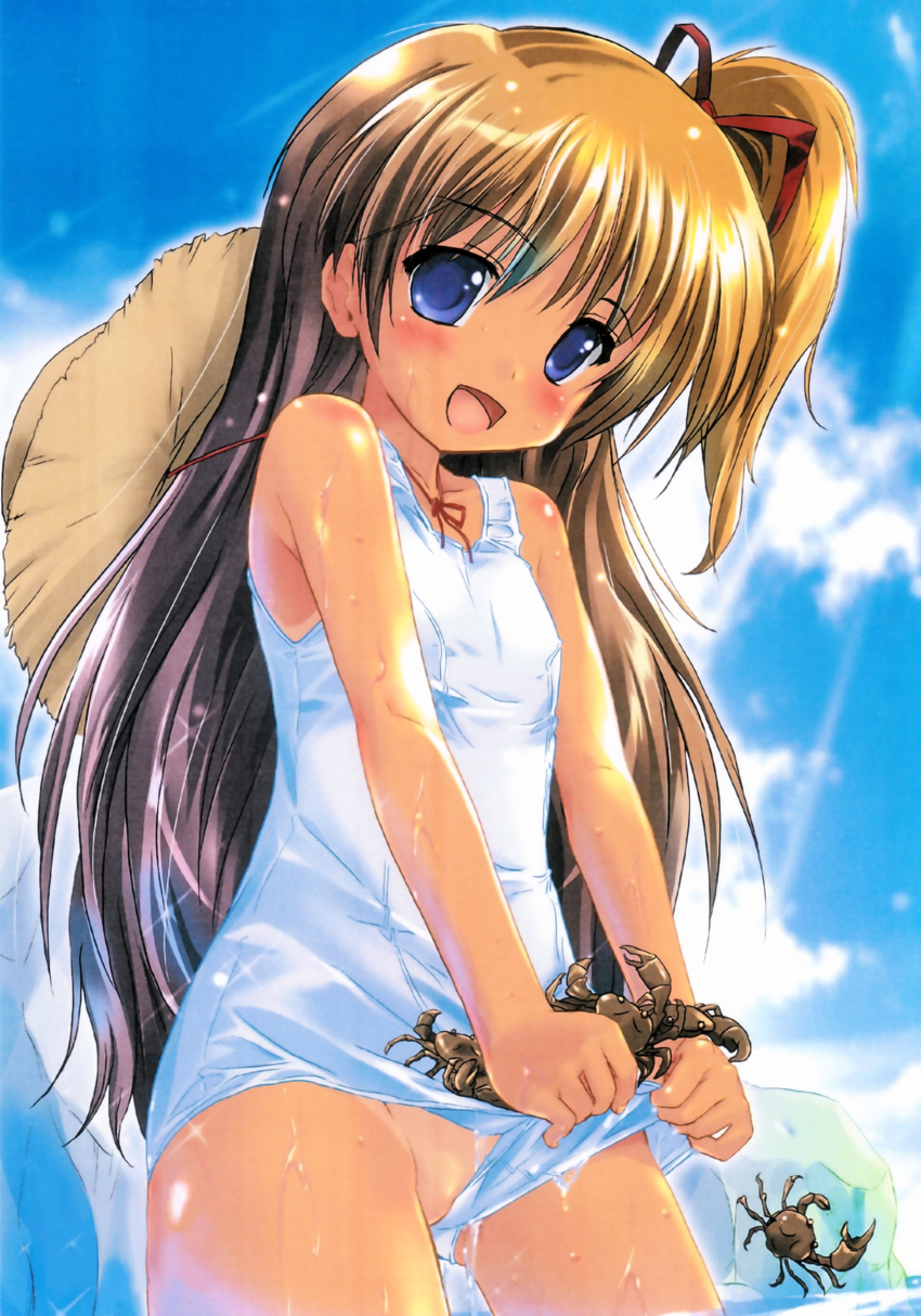 blue_eyes blush brown_hair cloud copyright_request crab crustacean day flat_chest hat highres komatsu_eiji lifted_by_self long_hair one-piece_swimsuit one-piece_tan outdoors partially_visible_vulva ponytail ribbon school_swimsuit side_ponytail sky swimsuit swimsuit_lift tan tanline water wet white_school_swimsuit white_swimsuit