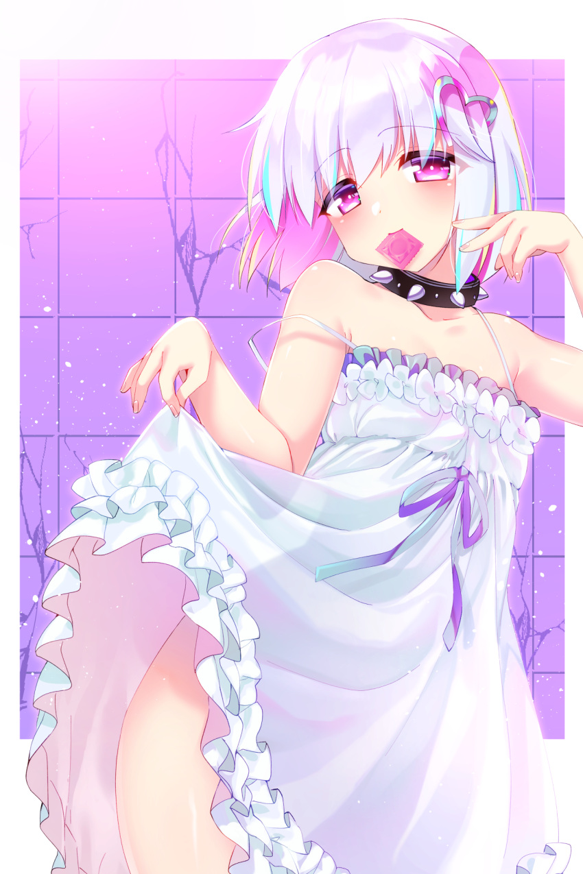 1girl bangs bare_arms bare_shoulders black_collar bright_pupils clothes_lift collar collarbone condom condom_in_mouth condom_wrapper dohna_dohna_issho_ni_warui_koto_o_shiyou dress dress_lift eyebrows_visible_through_hair eyes_visible_through_hair fingernails hair_ornament heart heart_hair_ornament highres lifted_by_self light_blue_hair looking_at_viewer mouth_hold multicolored_hair nnmi11 pink_eyes pink_hair porno_(dohna_dohna) purple_ribbon ribbon see-through see-through_dress short_hair smile solo spiked_collar spikes strap_slip white_dress white_hair white_pupils