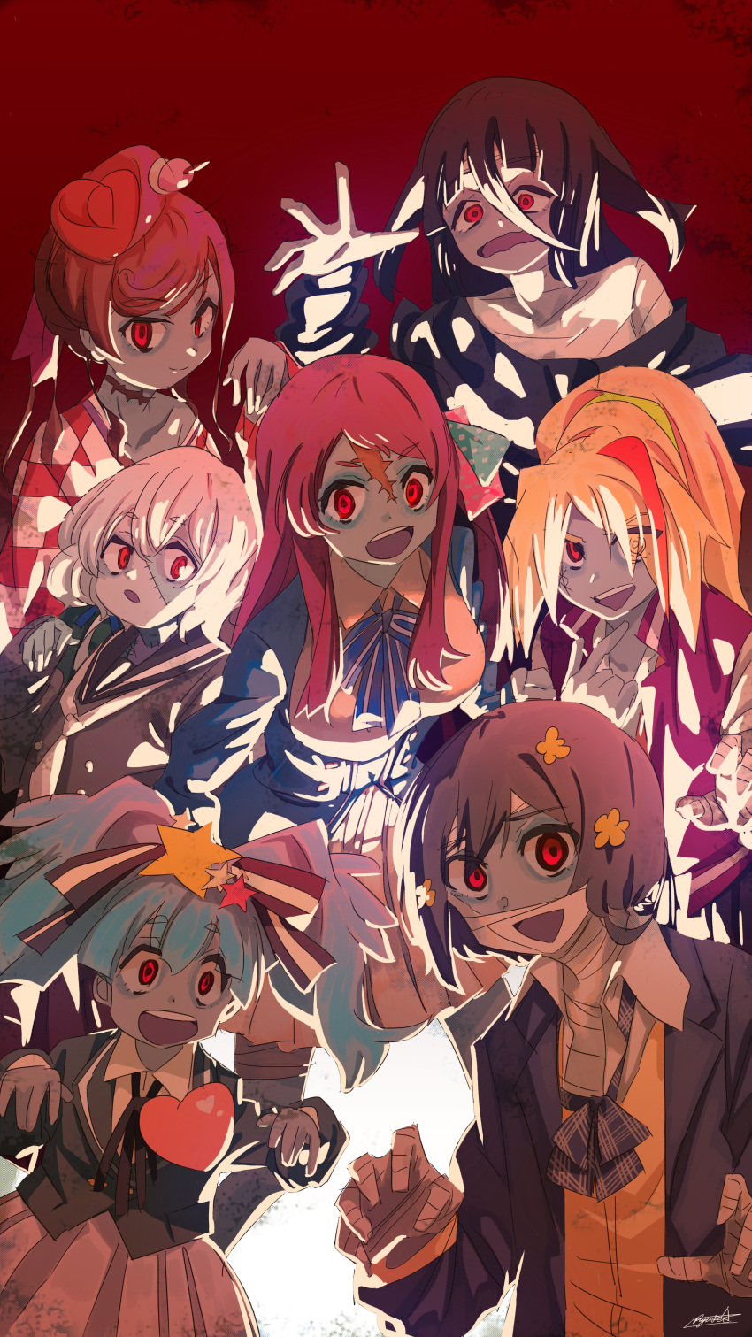 absurdres bandages black_hair blazer blonde_hair blue_hair bow dango_hair_ornament everyone eyes_visible_through_hair facial_scar food_themed_hair_ornament forehead_scar hair_between_eyes hair_ornament hair_over_one_eye heart highres hoshikawa_lily jacket konno_junko letterman_jacket long_hair long_sleeves looking_at_viewer low_twintails minamoto_sakura mizuno_ai multicolored_hair multiple_girls neck_scar nikaidou_saki open_mouth outstretched_arms plaid pleated_skirt pointing_finger ponytail red_background red_eyes red_hair ribbon ryusei_hashida sailor_collar scar school_uniform skirt star star_hair_ornament stitches streaked_hair sweater twintails undone_necktie white_hair yamada_tae yuugiri_(zombie_land_saga) zombie zombie_land_saga zombie_pose