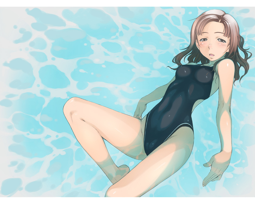 afloat blush brown_hair competition_swimsuit grey_eyes half-closed_eyes kawada_tomoko kimi_kiss long_hair looking_at_viewer one-piece_swimsuit open_mouth partially_submerged pool sakura_kotetsu single_vertical_stripe solo swimsuit wallpaper water