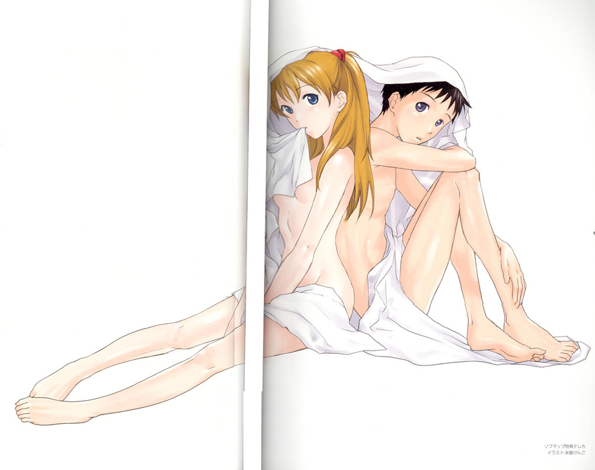 1girl :o back-to-back barefoot bed_sheet black_hair blue_eyes breasts crease feet hair_ornament ikari_shinji legs long_hair looking_back mouth_hold naked_sheet neon_genesis_evangelion nude open_mouth orange_hair scan scan_artifacts short_hair sideboob sitting small_breasts souryuu_asuka_langley twintails underboob yonekura_kengo