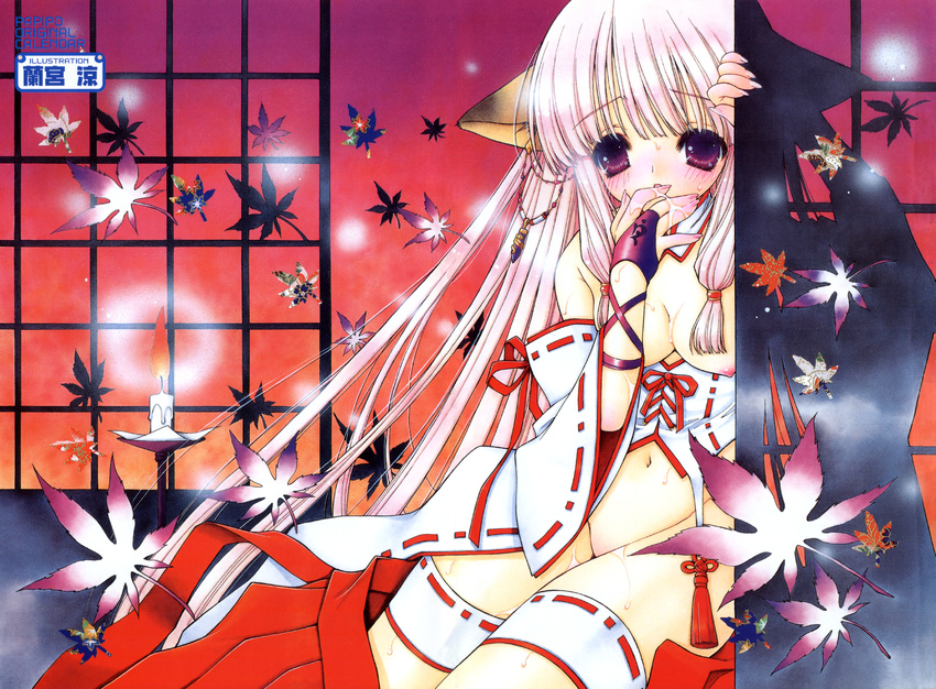 adapted_uniform animal_ears bare_shoulders blush breasts bridal_gauntlets candle copyright_request detached_collar detached_sleeves earrings gloves hakama highres japanese_clothes jewelry leaf licking long_hair medium_breasts miko nail_polish nipples no_bra no_panties pink_hair pink_nails purple_eyes ramiya_ryou red_hakama ribbon ribbon-trimmed_ornament ribbon-trimmed_sleeves ribbon-trimmed_underwear ribbon_trim shy solo thigh_strap thighhighs underwear wet