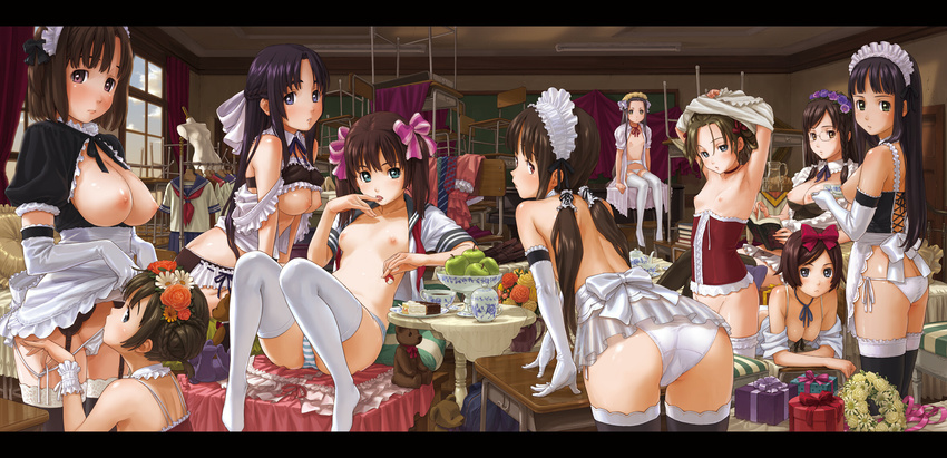 apple armpits ass bent_over black_hair black_legwear black_tea blue_panties blush book bra bra_lift braid breastless_clothes breasts brown_hair cake chair corset cup curtains elbow_gloves flat_chest flower food frills fruit garter_belt gift glasses gloves green_eyes hair_flower hair_ornament highres lace lace-trimmed_thighhighs large_breasts letterboxed lingerie long_hair maid mole mole_under_mouth multiple_girls naruko_hanaharu necktie nipples no_shoes open_clothes open_shirt panties pastry petite pitcher plate purple_hair ribbon school_uniform serafuku shirt shoes_removed short_hair shoujo_material side-tie_panties skirt skirt_lift sponge_cake strawberry strawberry_shortcake striped striped_panties stuffed_animal stuffed_toy tea teacup teddy_bear thighhighs twin_braids twintails underwear undressing white_gloves white_legwear white_panties window wreath yellow_eyes