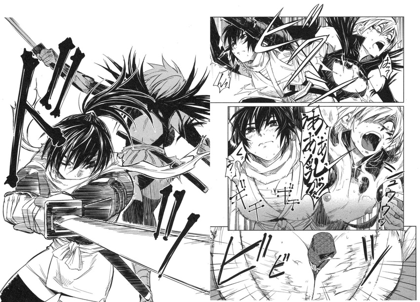 armor back bangs battle between_breasts blush breast_expansion breasts bridal_gauntlets cleavage comic facial_mark fighting_stance flat_chest foreshortening from_behind frown fur_trim greyscale hair_over_one_eye highres japanese_clothes kimono konchiki large_breasts leotard long_hair manyuu_chifusa manyuu_hikenchou manyuu_kagefusa monochrome multiple_girls ninja official_art one_eye_closed ponytail sarashi sash scan scarf scrunchie sheath short_hair short_kimono simple_background speed_lines spiked_hair surprised sword thighhighs torn_clothes translation_request wardrobe_malfunction weapon wind