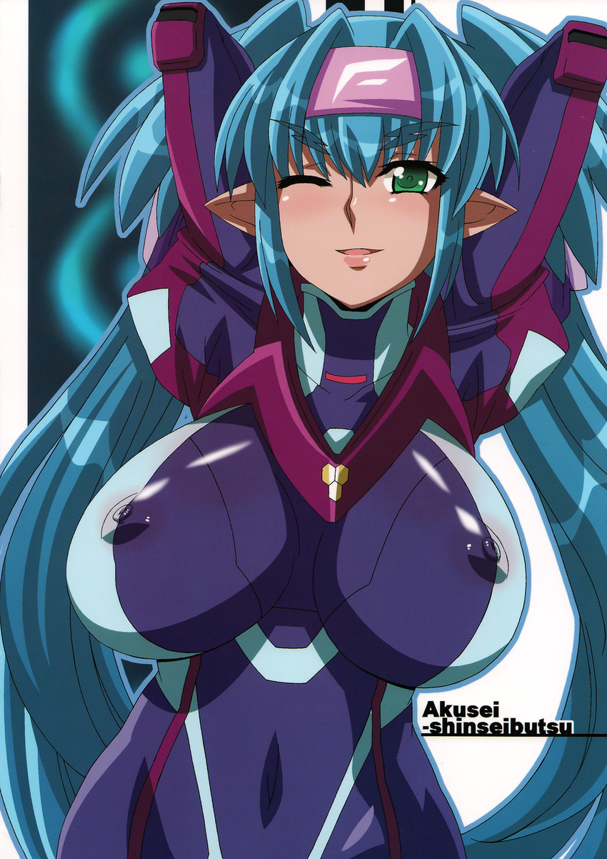 blue_hair bodysuit breasts covered_nipples green_eyes highres huge_breasts klan_klein long_hair macross macross_frontier nori_(akusei_shinseibutsu) one_eye_closed pointy_ears puffy_nipples solo