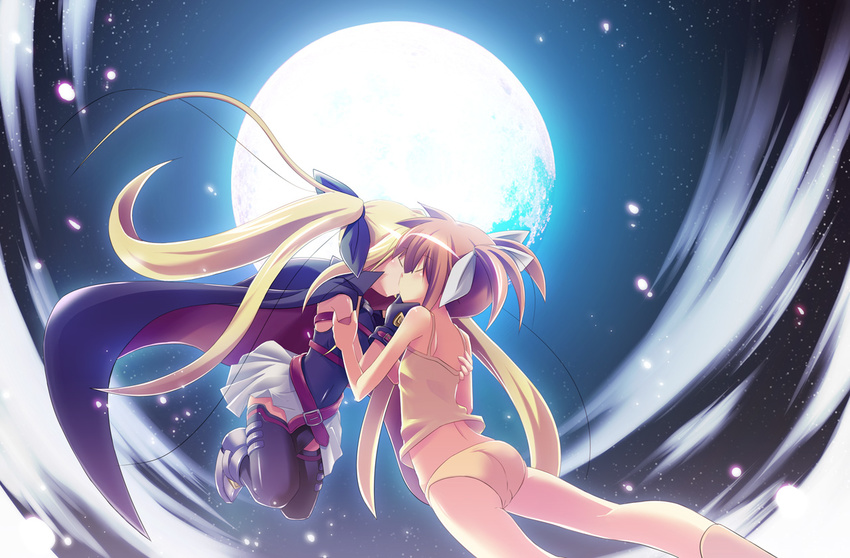 blonde_hair brown_hair camisole cape closed_eyes fate_testarossa gloves hair_ribbon kazekawa_nagi kiss lyrical_nanoha mahou_shoujo_lyrical_nanoha mahou_shoujo_lyrical_nanoha_a's moon multiple_girls night night_sky panties ribbon sky takamachi_nanoha thighhighs twintails underwear yuri