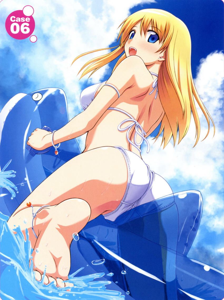 ass back barefoot bikini blonde_hair blue_eyes bracelet cameltoe cloud copyright_request day feet highres inflatable_dolphin inflatable_toy jewelry looking_back scan sky soles solo swimsuit takayaki toes water