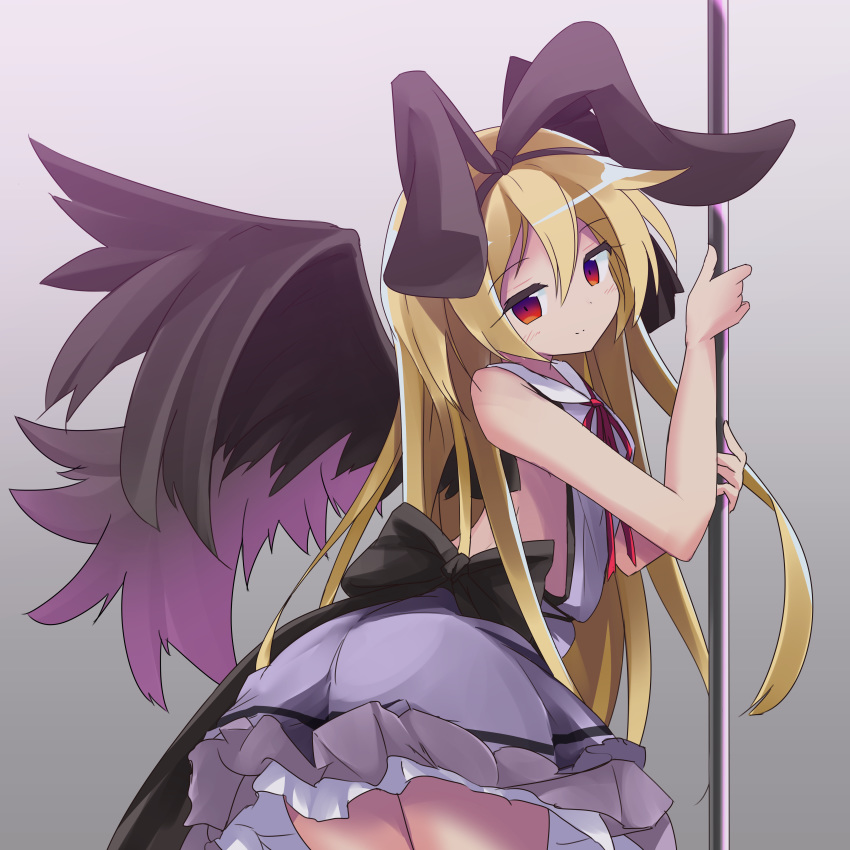 1girl absurdres animal_ears back_bow bangs bare_arms bare_shoulders black_bow black_hairband black_wings blonde_hair blush borrowed_character bow brown_background bunny_ears closed_mouth collared_shirt commentary_request eyebrows_visible_through_hair fake_animal_ears feathered_wings frilled_skirt frills gradient gradient_background grey_background hair_between_eyes hairband hands_up head_tilt highres jewelry long_hair looking_at_viewer looking_back neck_ring original pole purple_shirt purple_skirt red_eyes red_ribbon ribbon ryogo shirt skirt sleeveless sleeveless_shirt smile solo very_long_hair wings