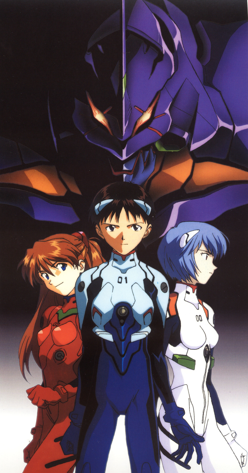 2girls absurdres ayanami_rei bangs black_hair blue_eyes blue_hair bodysuit bracer breasts brown_hair clenched_hand clenched_hands cowboy_shot eva_01 expressionless from_side gloves gradient gradient_background hair_between_eyes hair_ornament highres honda_takeshi ikari_shinji long_hair looking_at_viewer looking_to_the_side mecha multiple_girls neon_genesis_evangelion number official_art pale_skin parted_bangs pilot_suit plugsuit profile red_eyes scan serious short_hair skinny small_breasts souryuu_asuka_langley standing white_bodysuit