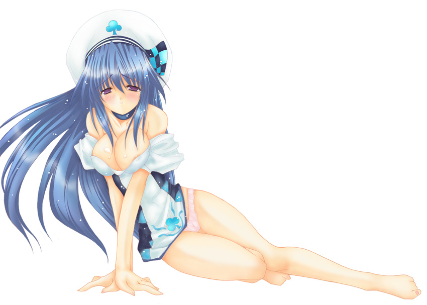 areolae arin bare_shoulders barefoot beret blue_eyes blue_hair blush breasts cameltoe choker cleavage covered_nipples dress hat large_breasts long_hair pangya panties solo take_toshiaki underwear