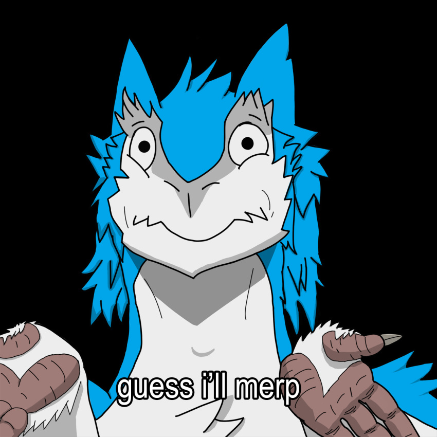 2019 4_fingers ambiguous_gender anthro black_background blue_fur brscaler chest_tuft claws countershading dialogue digital_media_(artwork) english_text fur hair hi_res humanoid_hands long_hair looking_at_viewer meme merp multicolored_fur portrait raised_arm sergal shrug simple_background solo text toony tuft two_tone_fur white_fur