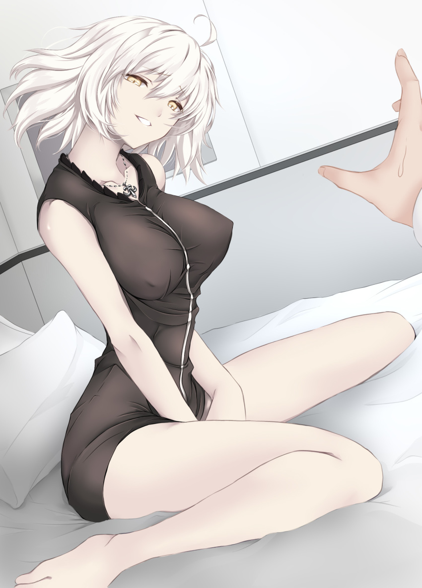 1girl ahoge bangs bare_legs barefoot bed bedroom black_dress breasts cleavage commentary_request dress dutch_angle eyebrows_visible_through_hair fate/grand_order fate_(series) harapeko1129 highres jeanne_d'arc_(alter)_(fate) jeanne_d'arc_(fate)_(all) jewelry necklace open_mouth out_of_frame outstretched_hand short_hair yellow_eyes