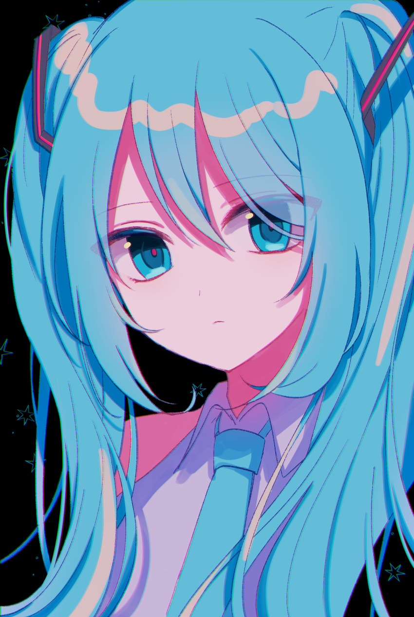 1girl bangs bare_shoulders black_background blue_eyes blue_hair blue_neckwear closed_mouth collared_shirt commentary eyebrows_visible_through_hair grey_shirt hair_between_eyes hair_ornament hatsune_miku head_tilt highres long_hair necktie poyo_(shwjdddms249) shirt sidelocks simple_background sleeveless sleeveless_shirt solo twintails upper_body vocaloid