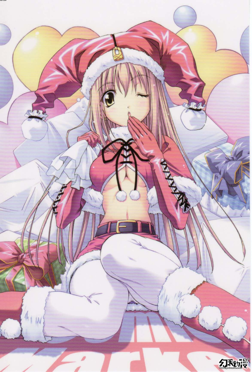 artist_request blonde_hair breasts christmas copyright_request gloves hat highres medium_breasts midriff one_eye_closed pantyhose red_gloves santa_costume sitting solo underboob