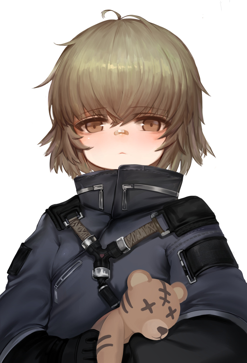 1girl :&lt; absurdres bandaid bandaid_on_nose bangs black_gloves blush brown_eyes brown_hair closed_mouth commentary_request dokomon eyebrows_visible_through_hair girls_frontline gloves grey_jacket hair_between_eyes highres hs2000_(girls_frontline) jacket korean_commentary long_sleeves looking_at_viewer object_hug simple_background solo stuffed_animal stuffed_toy teddy_bear upper_body white_background x_x