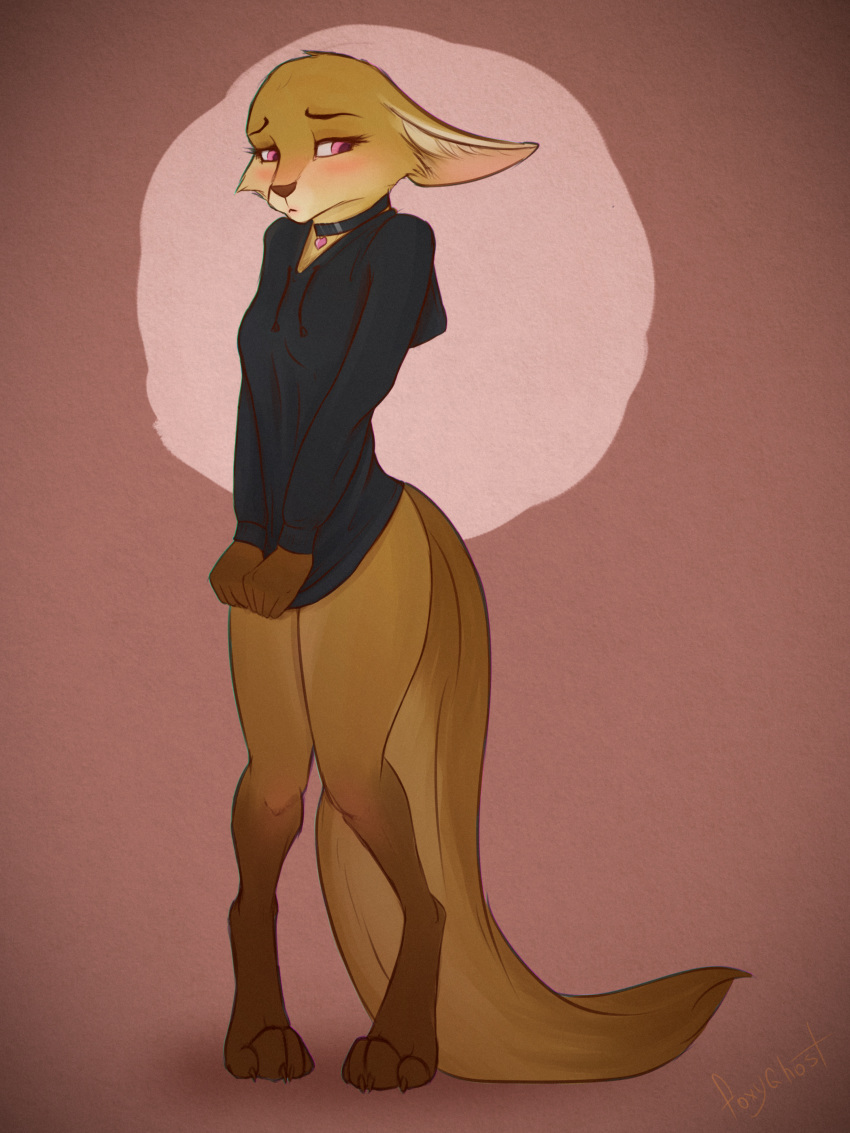 2019 4_toes 5_fingers absurd_res anthro barefoot blush bottomless canid canine clothed clothing collar covering digital_media_(artwork) felicia female fennec fox foxyghost fur hi_res hoodie mammal paws pink_eyes pinup pose shy simple_background sketch solo standing toes