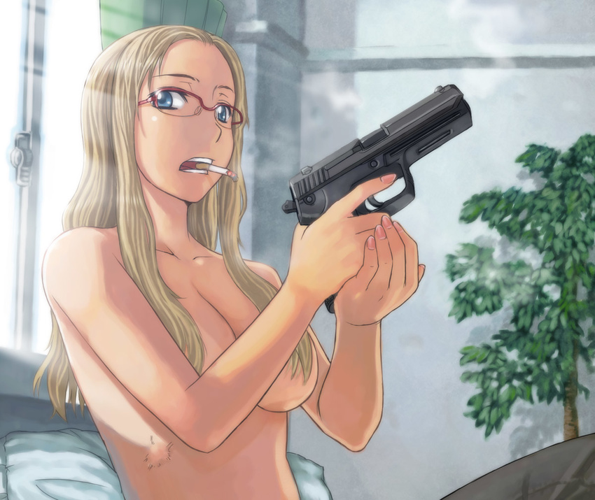 blonde_hair blue_eyes breasts cigarette cocked_hammer face glasses gun h&amp;k_usp hair_over_breasts handgun hands heckler_&amp;_koch holding holding_gun holding_weapon itou_(onsoku_tassha) light_rays long_hair medium_breasts mouth_hold open_mouth original pants pistol red-framed_eyewear scar semi-rimless_eyewear smoke smoking smoking_gun solo sunbeam sunlight topless trigger_discipline upper_body weapon