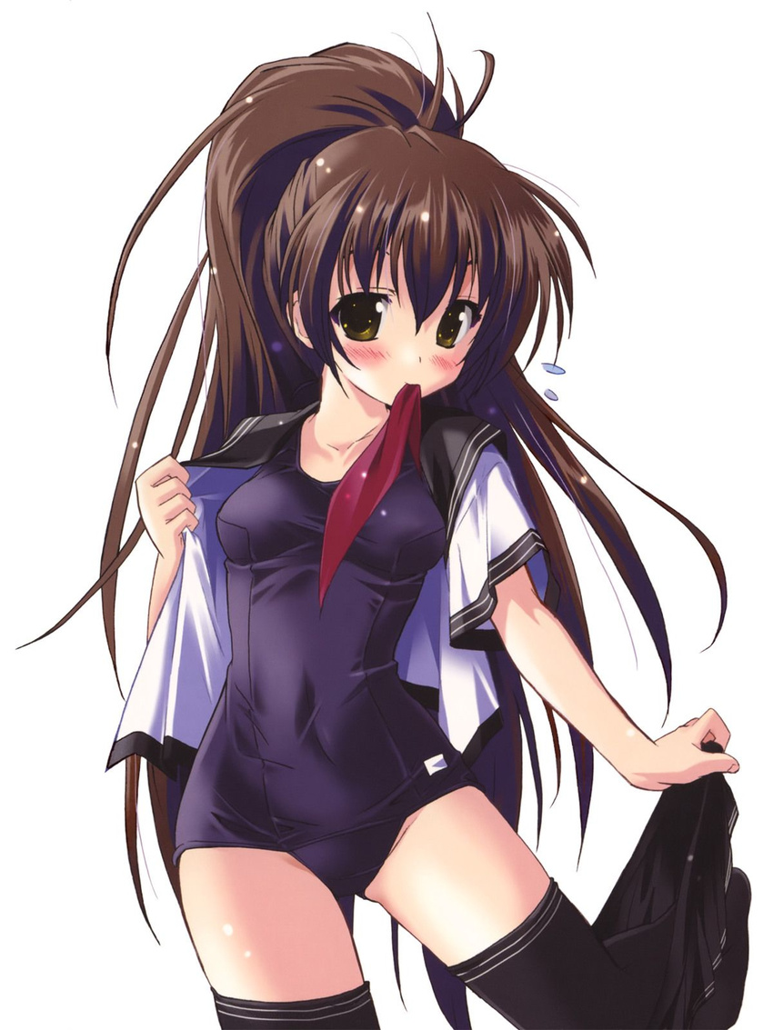 black_school_swimsuit brown_eyes brown_hair copyright_request highres komatsu_eiji mouth_hold one-piece_swimsuit open_clothes open_shirt ponytail school_swimsuit school_uniform shirt skirt skirt_pull solo swimsuit swimsuit_under_clothes thighhighs undressing