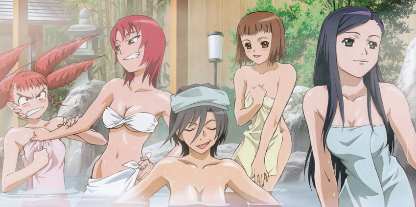 akane_soir angry bare_shoulders bathing bikini black_hair blue_towel blush breasts brown_eyes brown_hair chie_hallard cleavage clenched_teeth closed_eyes covering drill_hair flat_chest green_eyes grin hand_on_hip highres impossible_towel juliet_nao_zhang large_breasts long_hair megami morishita_hiromitsu multiple_girls my-otome naked_towel natsuki_kruger navel non-web_source nude_cover official_art onsen partially_submerged pink_hair pink_towel quad_tails red_hair scan shiho_huit short_hair smile steam swimsuit teeth towel towel_around_breasts towel_around_waist towel_on_head underboob wading water wet white_towel yellow_towel