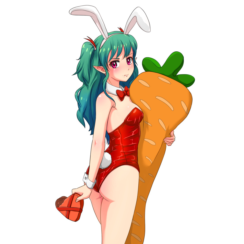 1girl animal_ears aqua_hair ass bare_legs bare_shoulders blush body_pillow bow bowtie box breasts bunny_ears bunny_girl bunny_tail bunnysuit carrot carrot_pillow chocolate chocolate_heart closed_mouth commentary detached_collar eating elf english_commentary fake_animal_ears female food hairband heart highres holding holding_chocolate holding_food huyase legs leotard long_hair looking_at_viewer looking_back medium_breasts neck pink_eyes pointy_ears red_leotard red_neckwear serious shiny shiny_hair shiny_skin simple_background solo standing strapless strapless_leotard tail two_side_up valentine white_background white_bunny_ears wrist_cuffs
