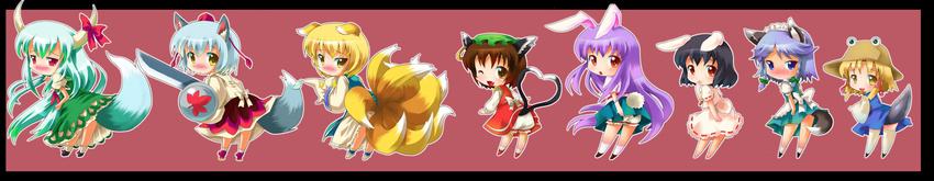 absurdres animal_ears bad_id bad_pixiv_id blonde_hair blush bunny_ears bunny_tail cat_ears cat_tail chen chibi contrapposto dog_ears dog_tail dress everyone ex-keine extra_eyes fang fox_tail full_body hat heart heart_tail highres inaba_tewi inubashiri_momiji izayoi_sakuya kamishirasawa_keine kemonomimi_mode long_image long_sleeves looking_at_viewer michii_yuuki moriya_suwako multiple_girls multiple_tails nekomata no_hat no_headwear one_eye_closed pose red_dress red_eyes reisen_udongein_inaba short_hair standing tabard tadpole_tail tail touhou two_tails white_dress wide_image wolf_tail yakumo_ran