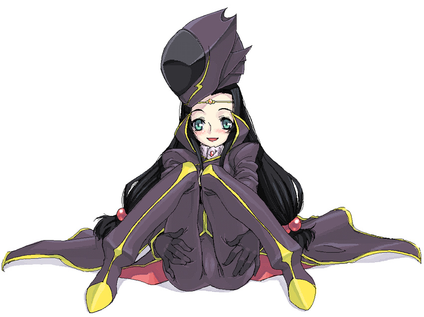 :d aqua_eyes black_gloves black_hair blush cameltoe circlet code_geass cosplay crossdressing full_body gloves green_eyes hair_bobbles hair_ornament hands_on_thighs hat helmet knees_together_feet_apart knees_up long_hair looking_at_viewer low-tied_long_hair oekaki open_mouth plaid satou_atsuki simple_background sitting smile solo sumeragi_kaguya twintails uniform very_long_hair white_background zero_(code_geass) zero_(code_geass)_(cosplay)