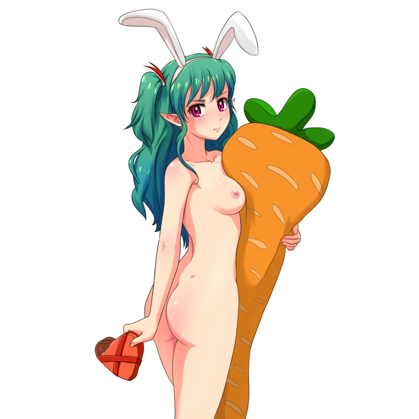 1girl animal_ears aqua_hair ass blush body_pillow box breasts bunny_ears bunny_girl carrot carrot_pillow chocolate chocolate_heart closed_mouth collarbone commentary eating elf english_commentary fake_animal_ears female food hairband heart highres holding holding_chocolate holding_food huyase long_hair looking_at_viewer looking_back medium_breasts neck nipples nude pink_eyes pointy_ears serious shiny shiny_hair shiny_skin simple_background solo standing two_side_up valentine white_background white_bunny_ears