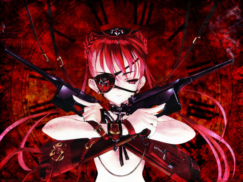 choco choker cocked_hammer copyright_request cross dual_wielding eyepatch gun handgun highres holding holding_gun holding_weapon mauser_c96 nude pistol shoulder_stock solo trigger_discipline twintails wallpaper weapon